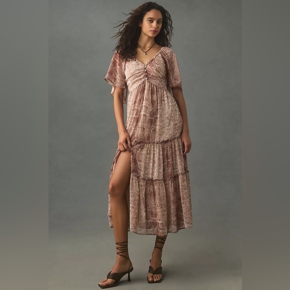 Anthropologie Dresses & Skirts - ANTHROPOLOGIE NWT Short Sleeve Tiered Maxi Dress, Snakeskin Print, Size Small